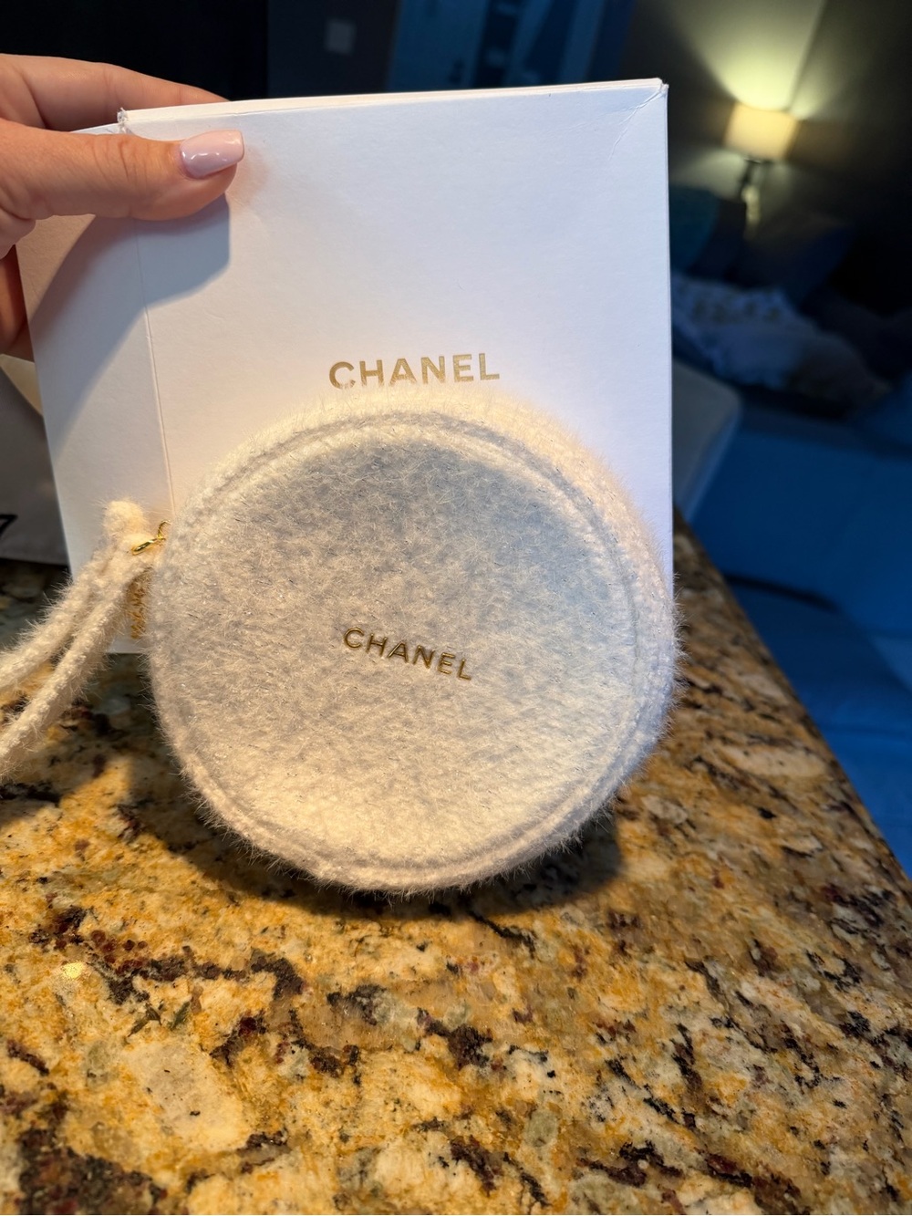 CHANEL Cream Wool Round Coin Pouch with Gold Logo